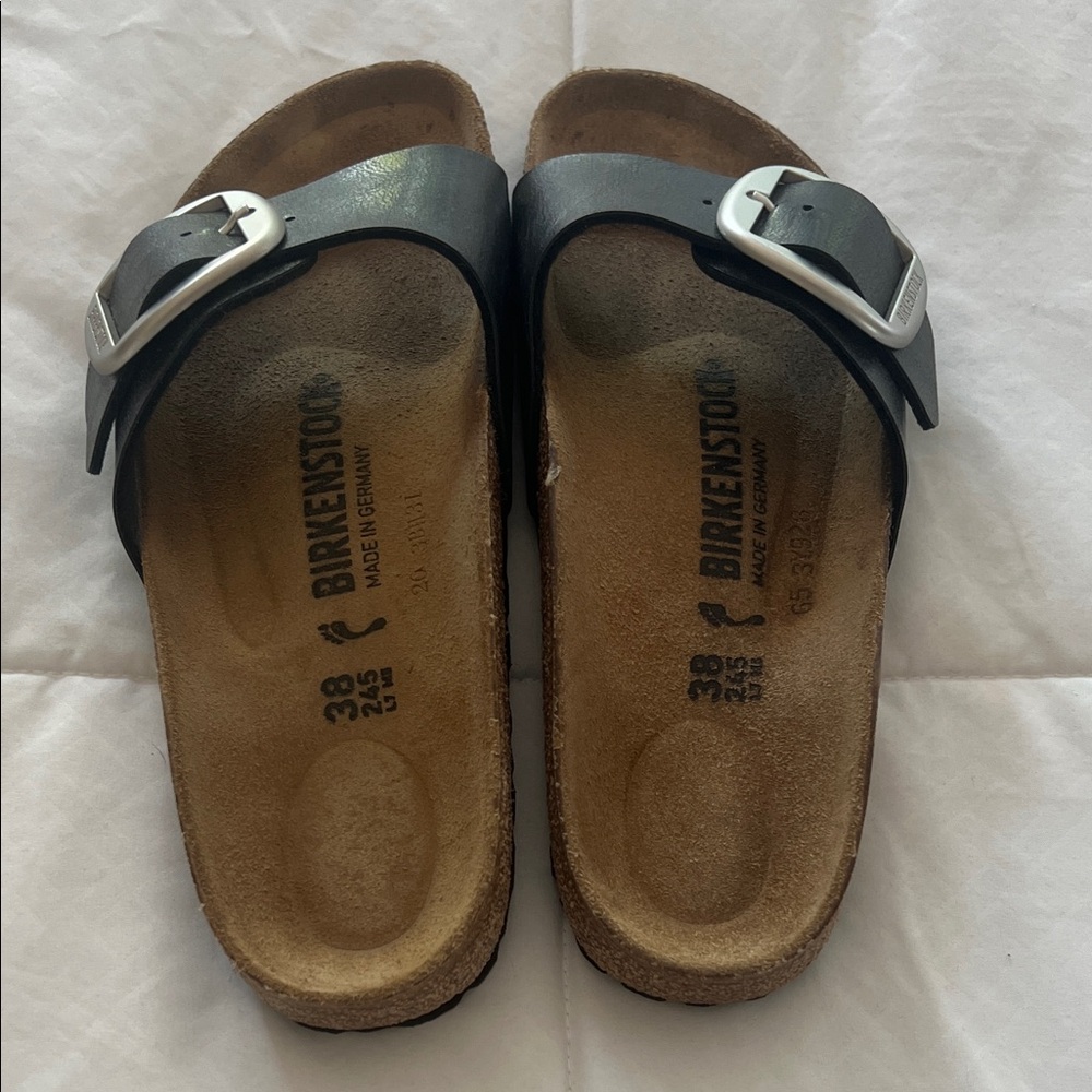 Birkenstock Black Slides with Metallic Buckle Size 38 Worn Once - Picture 3 of 4